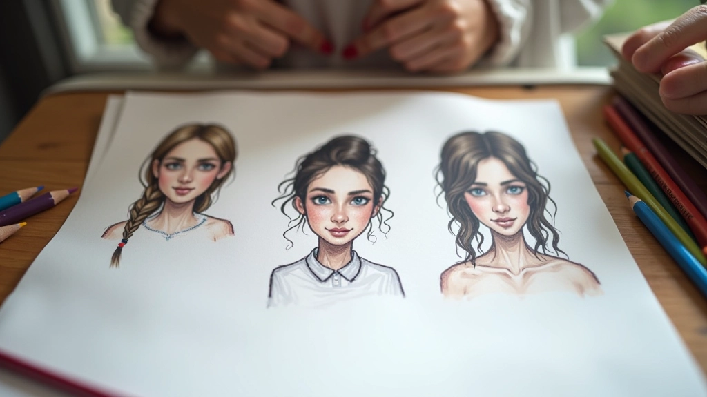 Esboços de rosto em papel com anotações sobre características de personagens