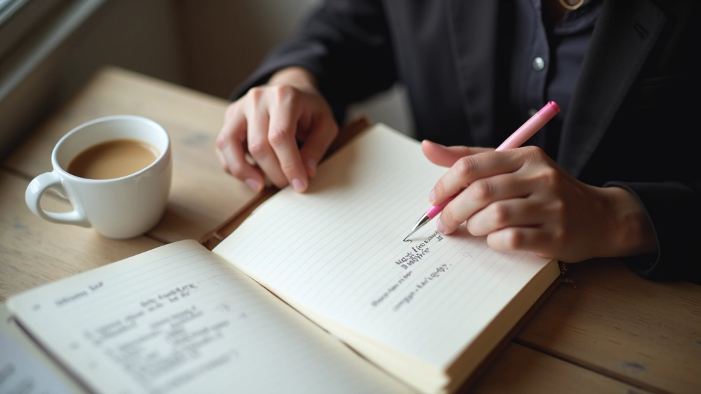 Mão escrevendo num caderno com uma caneta, notas de caracteres espalhadas na mesa ao lado