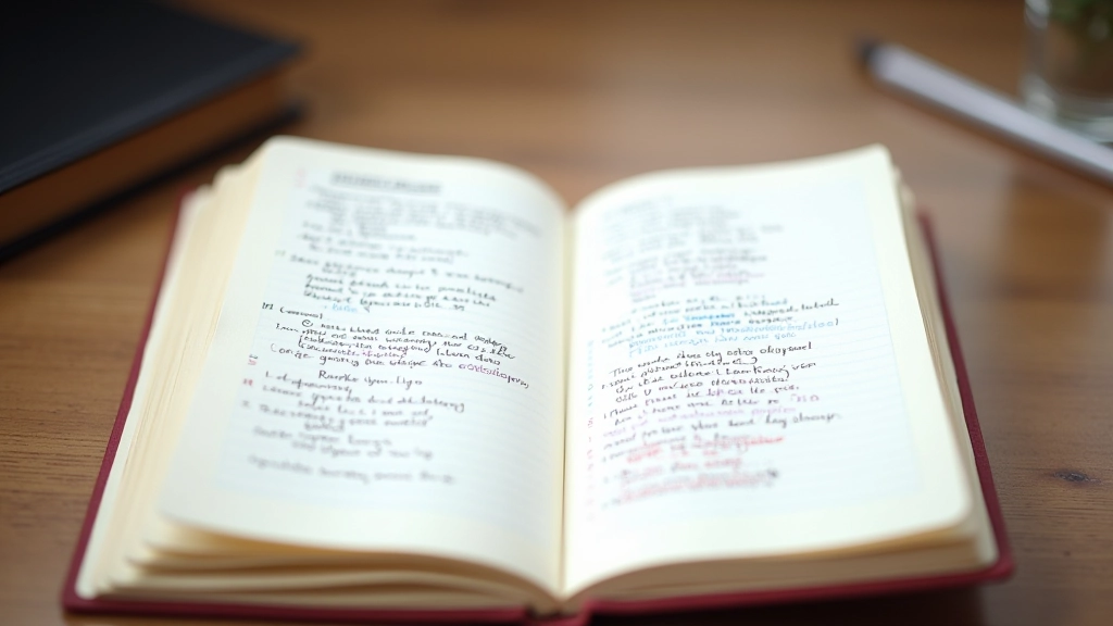 Página de um caderno com versos de poesia manuscritos em tinta preta e anotações marginais coloridas