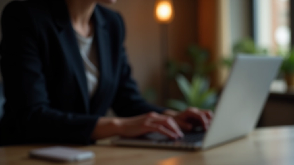 Teclado de laptop com dedos digitando, luz azul da tela refletindo, ambiente de escrita profissional