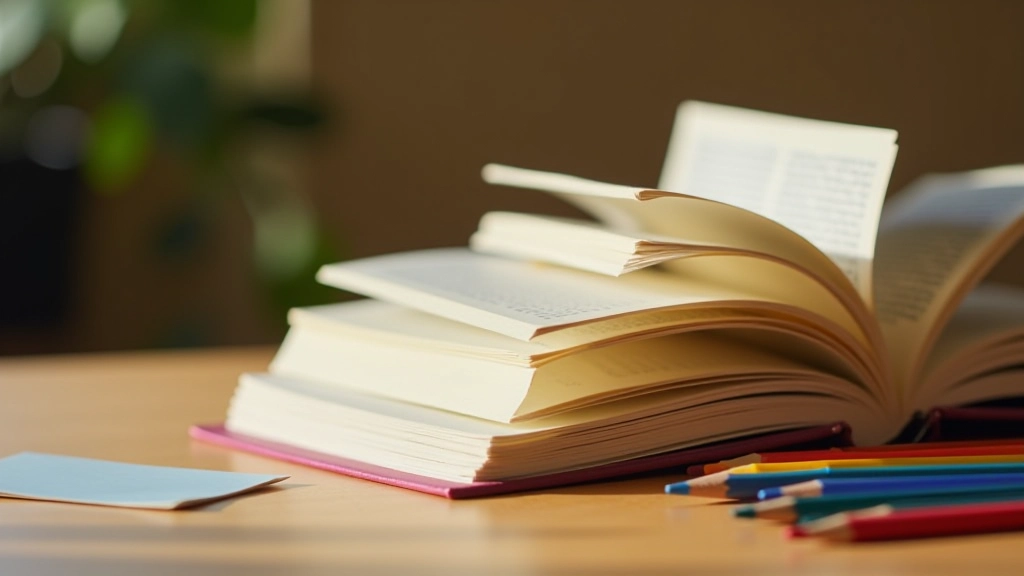 Páginas abertas de livros com marcadores coloridos e anotações em marginais, superfície clara