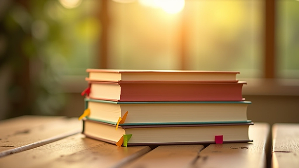 Livros de poesia empilhados com marcadores coloridos em uma mesa de leitura