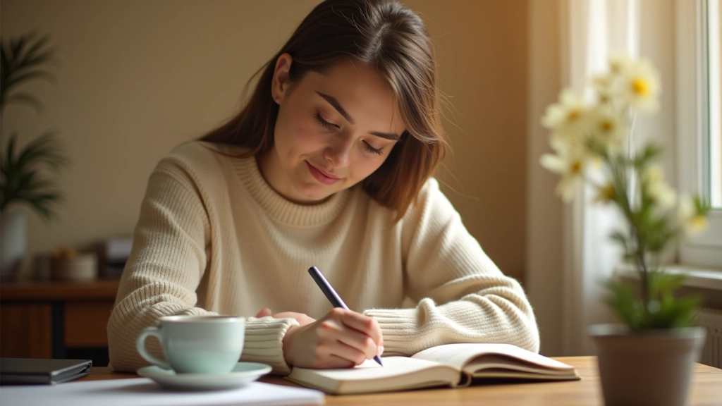 Mão segurando caneta sobre caderno com anotações criativas e café quente ao lado em mesa de trabalho