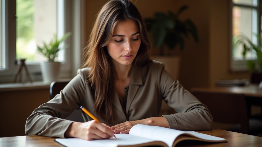 Escritora sentada à secretária com caderno aberto, lápis em mão, concentrada no trabalho criativo